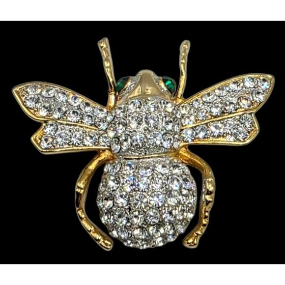 Vintage Rhinestone Bee Brooch Pin Green Eyes Gold Tone Insect Bug Honeybee 2" - Picture 7 of 11